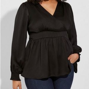 Torrid Satin surplice tie cut out back long sleeve blouse